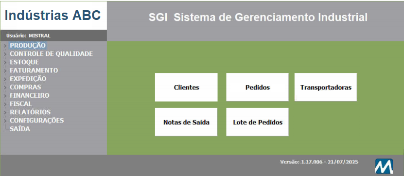 Tela do Sistema de Gestão Industrial (SGI)